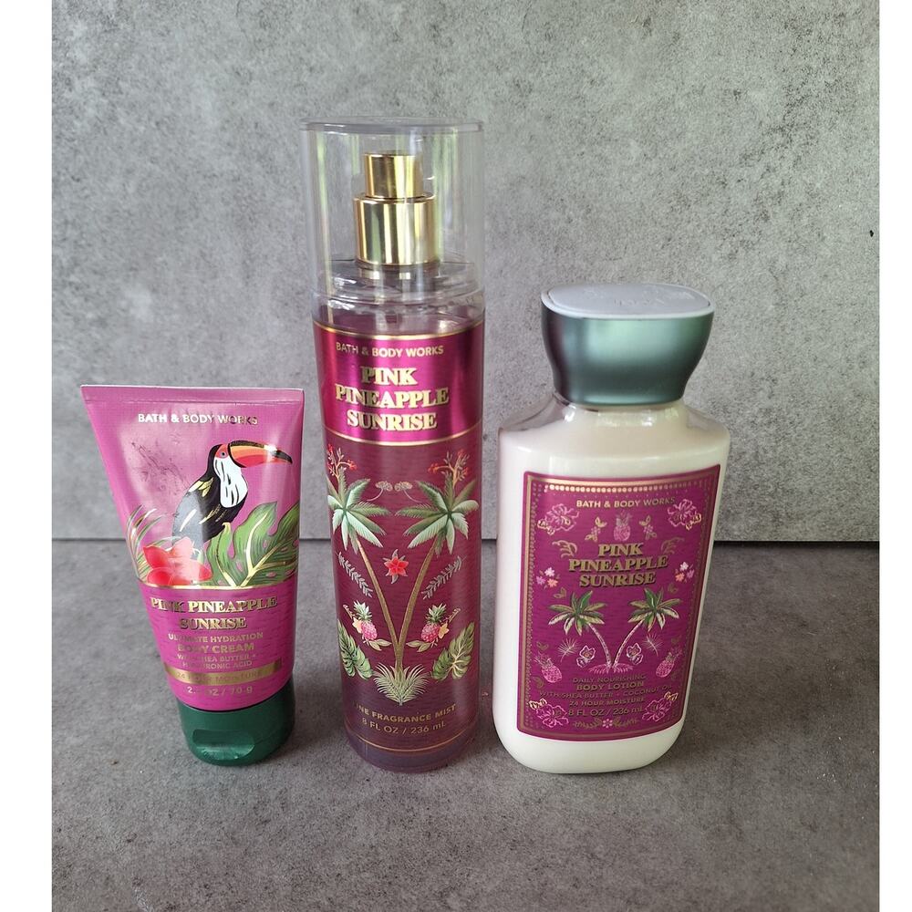 Bath & body works bundle of 3 pink pineapple sunrise body mist lotion hand cream